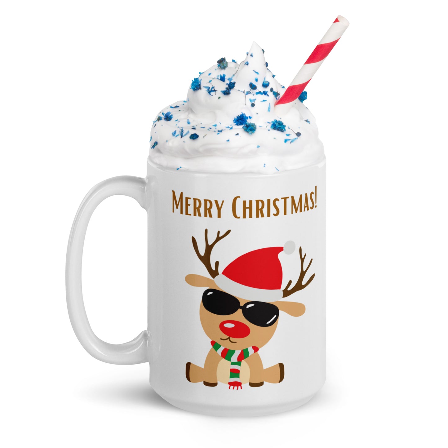 Merry Christmas Deer with Shades White Glossy Mug 11oz, 15oz, 20oz, for Coffee and Tea Lovers, For Birthday, Thanksgiving and Christmas Gift Ideas