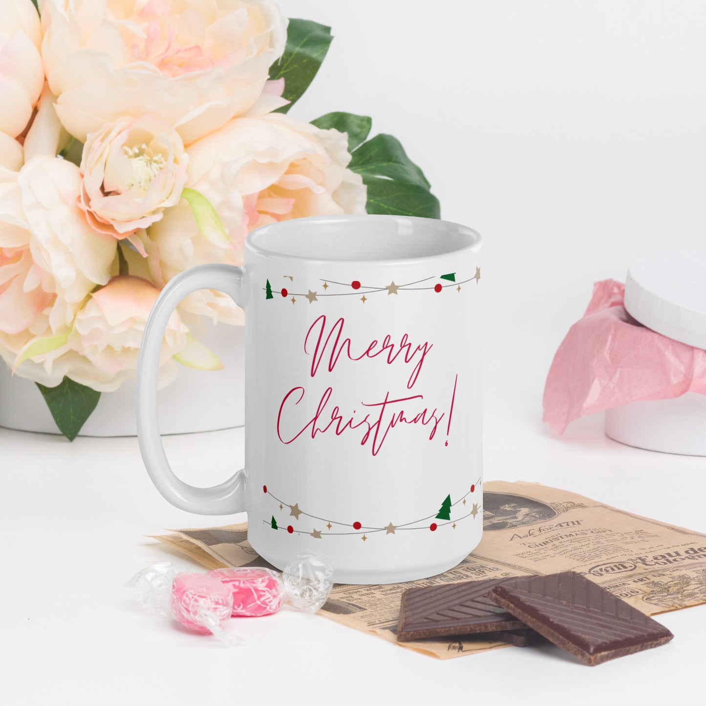 Merry Christmas White Glossy Mug 11oz, 15oz, 20oz, for Coffee and Tea Lovers, For Birthday, Thanksgiving and Christmas Gift Ideas