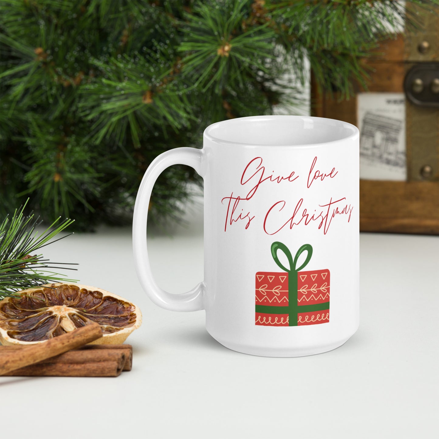 Give Love this Christmas White Glossy Mug 11oz, 15oz, 20oz, for Coffee and Tea Lovers, For Birthday, Thanksgiving and Christmas Gift Ideas