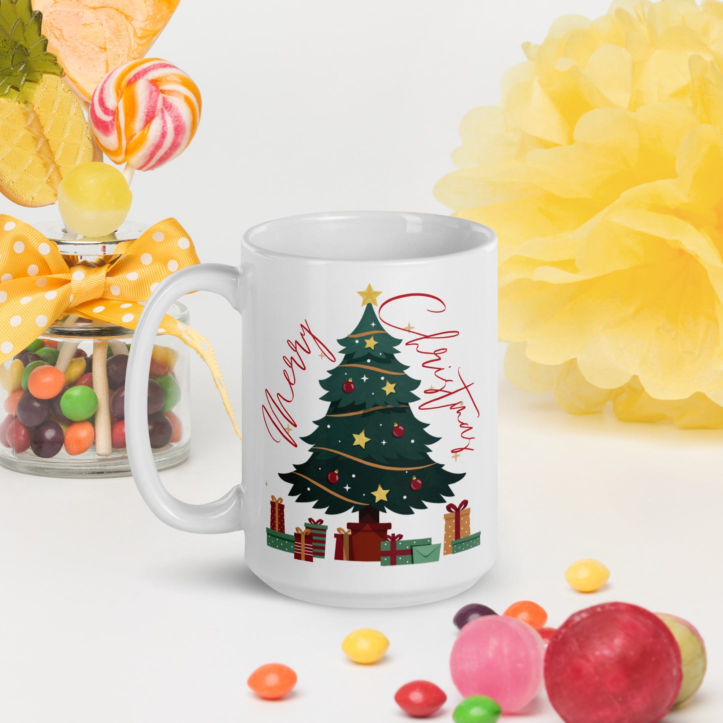 Merry Christmas Tree White Glossy Mug 11oz, 15oz, 20oz, for Coffee and Tea Lovers, For Birthday, Thanksgiving and Christmas Gift Ideas