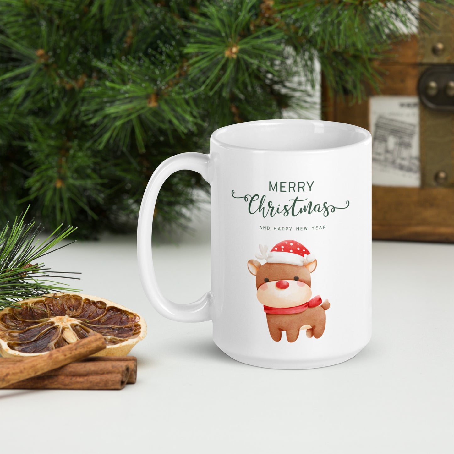 Merry Christmas Deer White Glossy Mug 11oz, 15oz, 20oz, for Coffee and Tea Lovers, For Birthday, Thanksgiving and Christmas Gift Ideas
