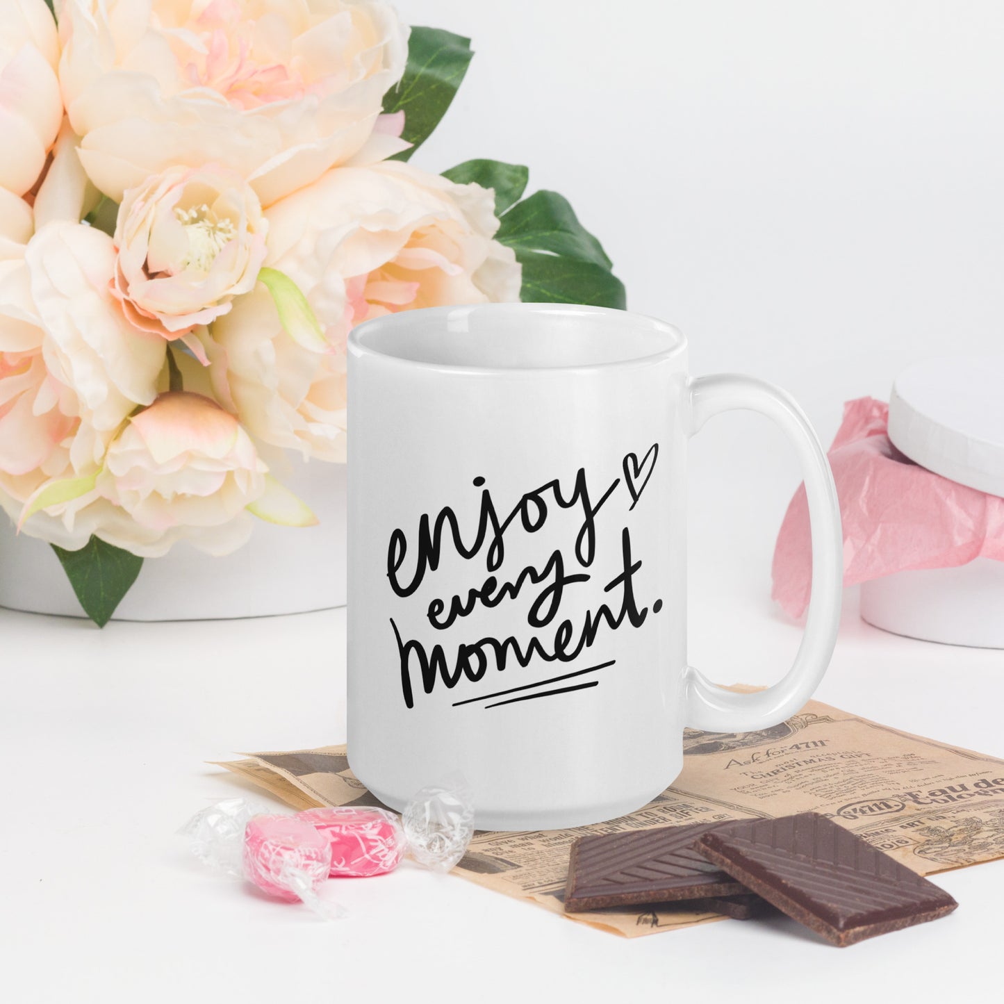 Enjoy Every Moment, 11oz, 15oz, 20oz White Glossy Mug, Perfect for Coffee and Tea Lovers, For Birthday, Thanksgiving and Christmas Gift