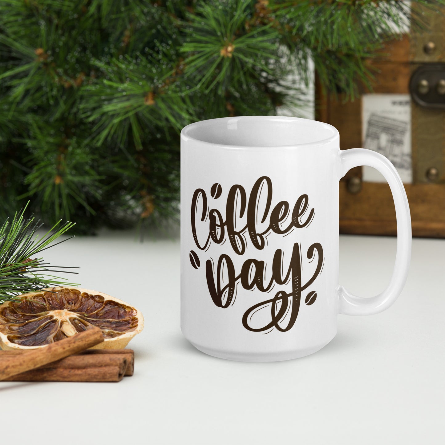 Coffee Day White glossy mug, 11oz, 15oz, 20oz, Perfect for Coffee and Tea Lovers, For Birthday, Thanksgiving and Christmas Gift Idea