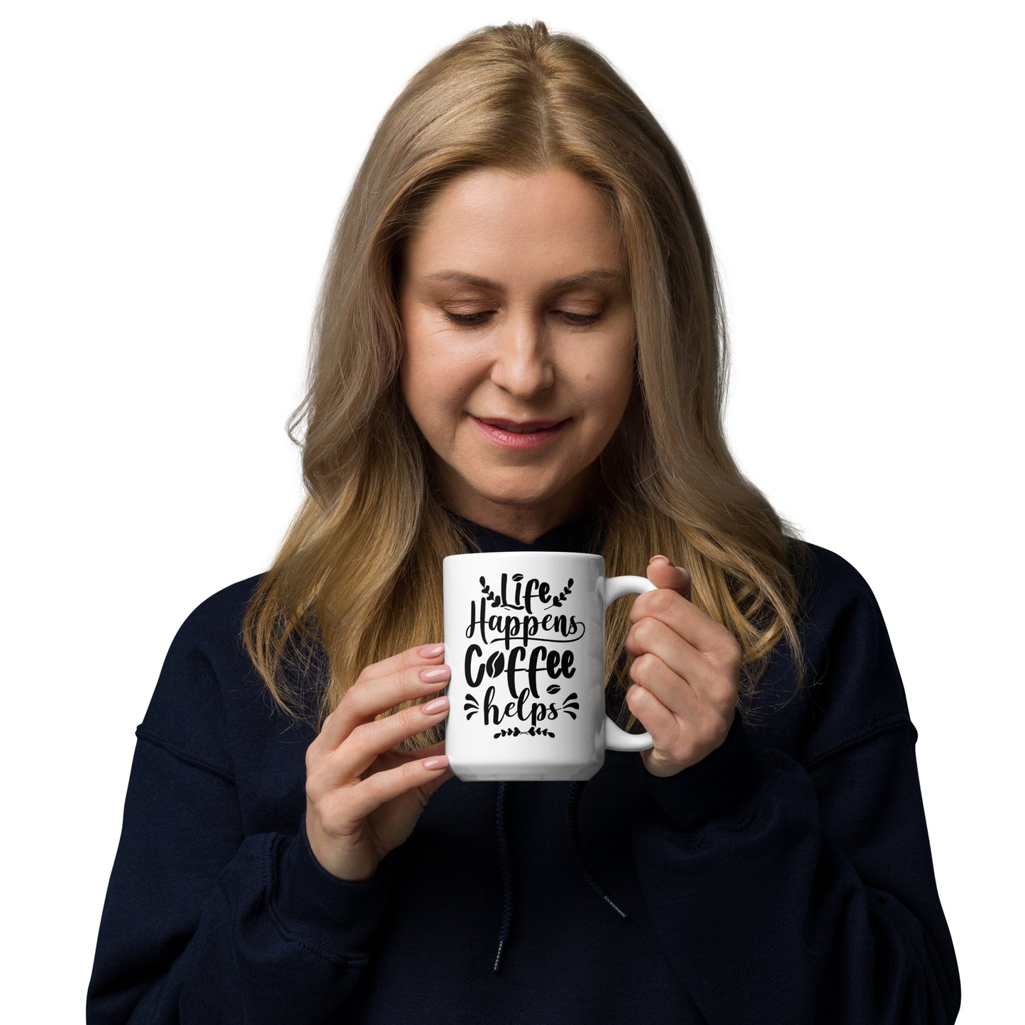 Life happens Coffee Helps White glossy mug, 11oz, 15oz, 20oz, Perfect for Birthday, Thanksgiving and Christmas Gift Idea