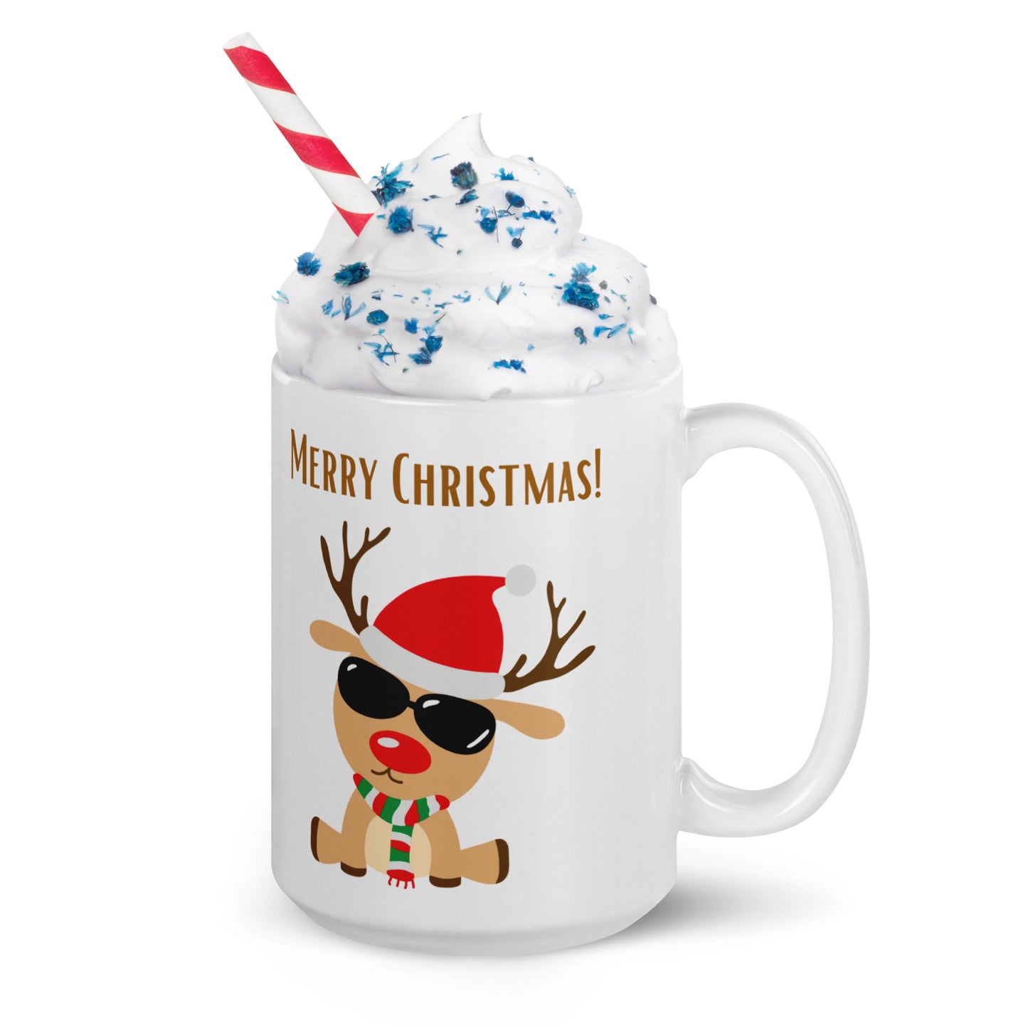 Merry Christmas Deer with Shades White Glossy Mug 11oz, 15oz, 20oz, for Coffee and Tea Lovers, For Birthday, Thanksgiving and Christmas Gift Ideas