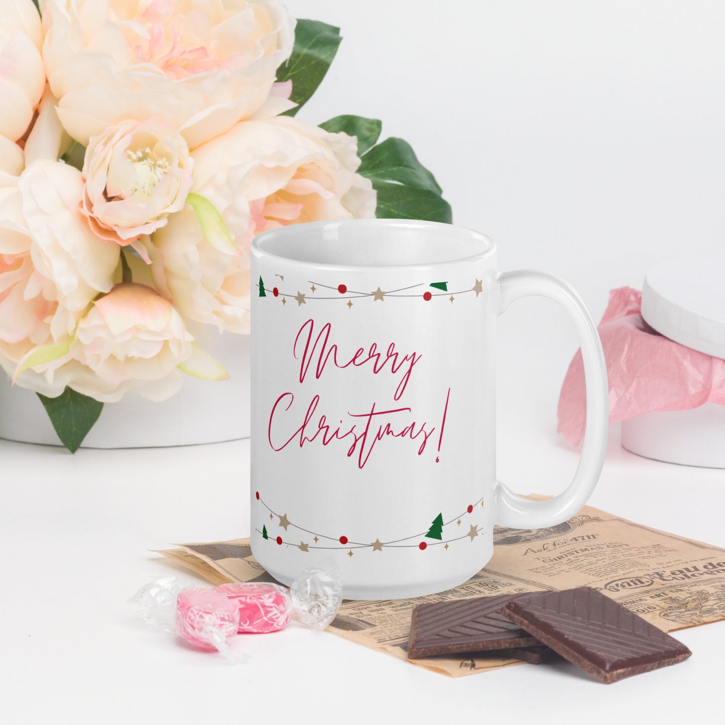 Merry Christmas White Glossy Mug 11oz, 15oz, 20oz, for Coffee and Tea Lovers, For Birthday, Thanksgiving and Christmas Gift Ideas