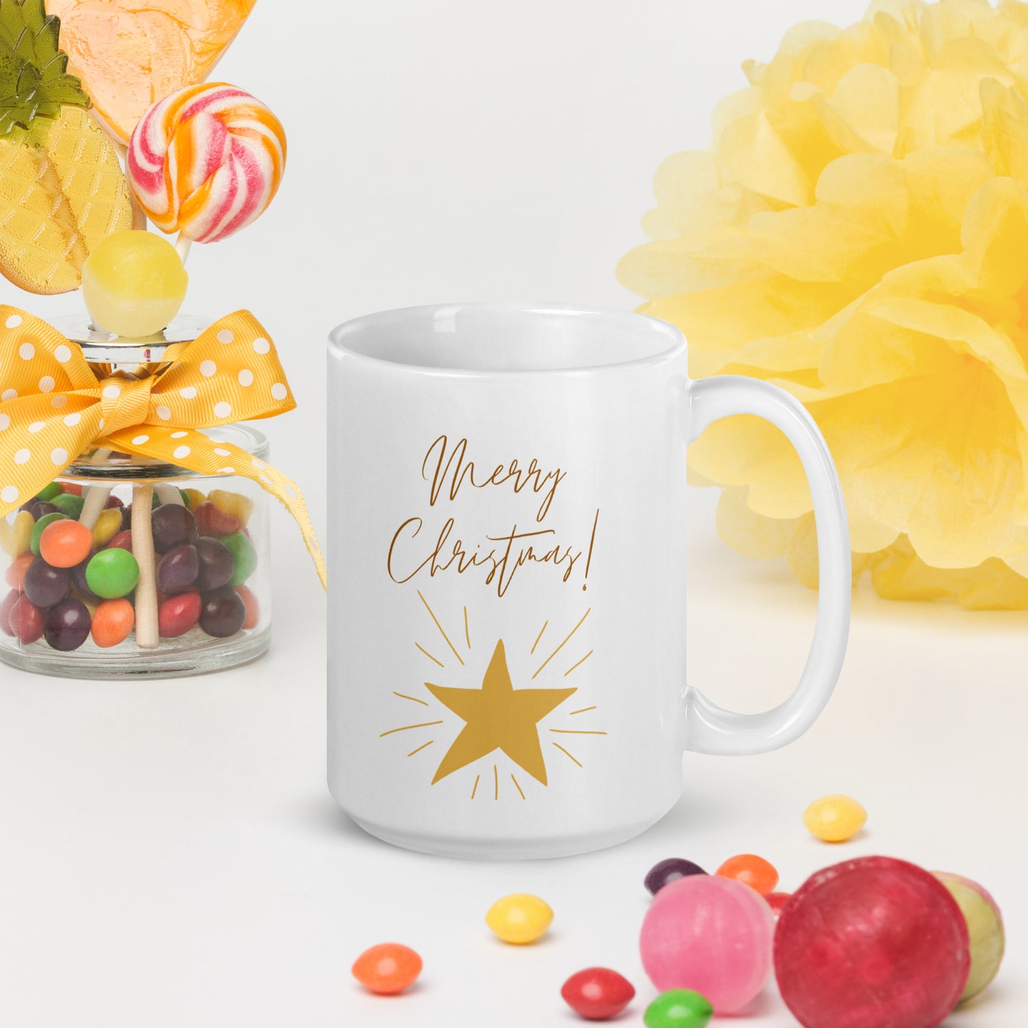 Merry Christmas Star White Glossy Mug 11oz, 15oz, 20oz, for Coffee and Tea Lovers, For Birthday, Thanksgiving and Christmas Gift Ideas