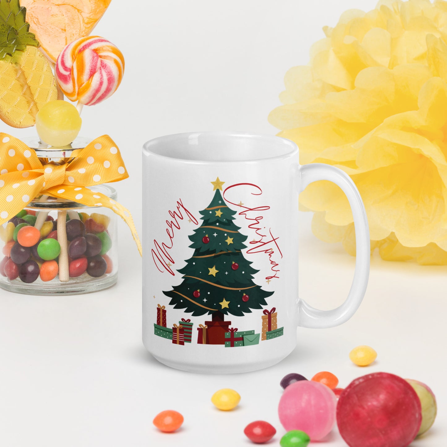 Merry Christmas Tree White Glossy Mug 11oz, 15oz, 20oz, for Coffee and Tea Lovers, For Birthday, Thanksgiving and Christmas Gift Ideas