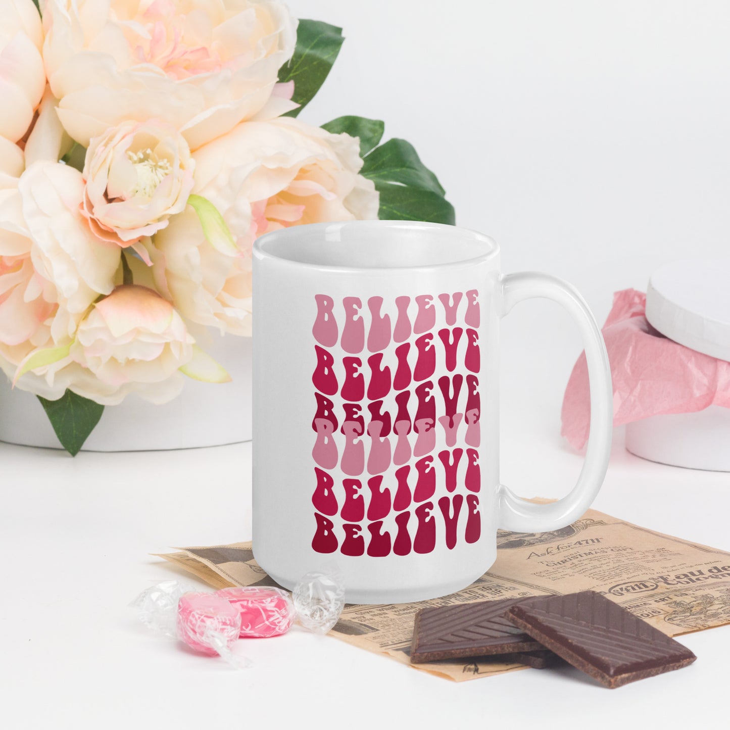 Believe White glossy 11oz,15oz, 20oz mug, Perfect for Coffee and Tea Lovers, For Birthday, Thanksgiving and Christmas Gift