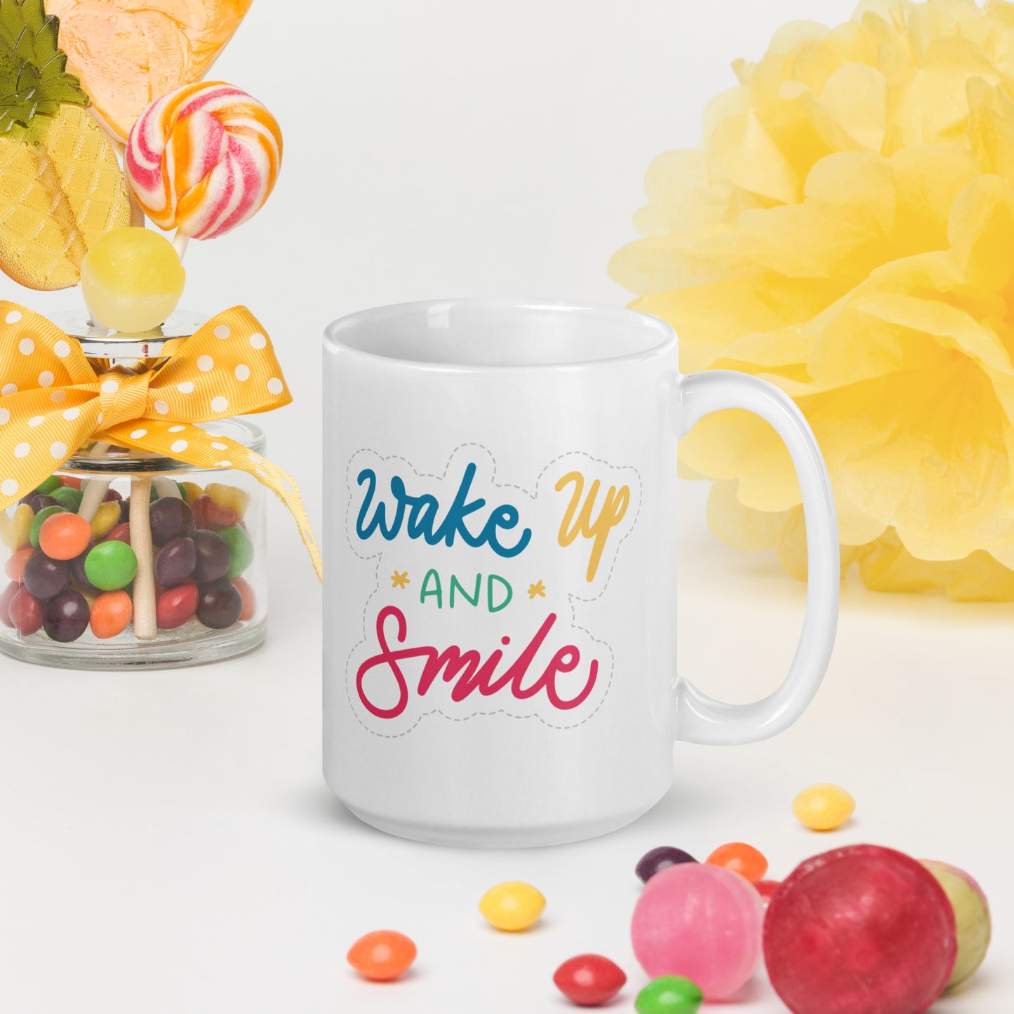 Wake up and Smile White glossy mug, 11oz, 15oz, 20oz, Perfect for Coffee and Tea Lovers, For Birthday, Thanksgiving and Christmas Gift