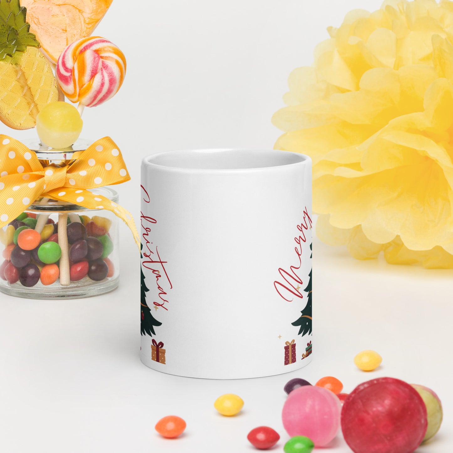 Merry Christmas Tree White Glossy Mug 11oz, 15oz, 20oz, for Coffee and Tea Lovers, For Birthday, Thanksgiving and Christmas Gift Ideas