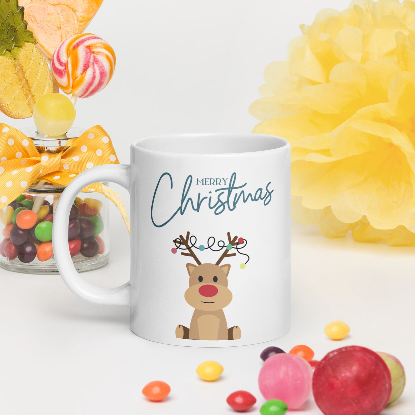 Merry Christmas Deer White Glossy Mug 11oz, 15oz, 20oz, for Coffee and Tea Lovers, For Birthday, Thanksgiving and Christmas Gift Ideas