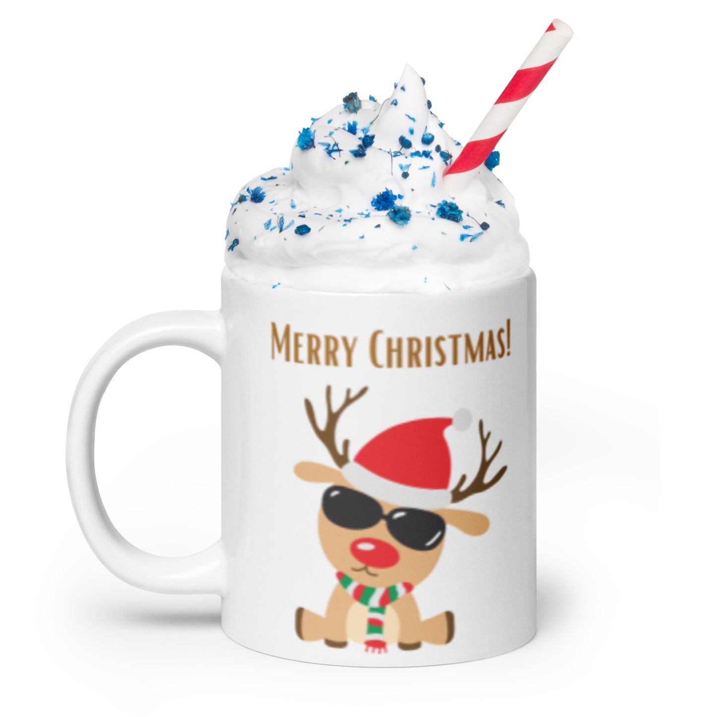 Merry Christmas Deer with Shades White Glossy Mug 11oz, 15oz, 20oz, for Coffee and Tea Lovers, For Birthday, Thanksgiving and Christmas Gift Ideas