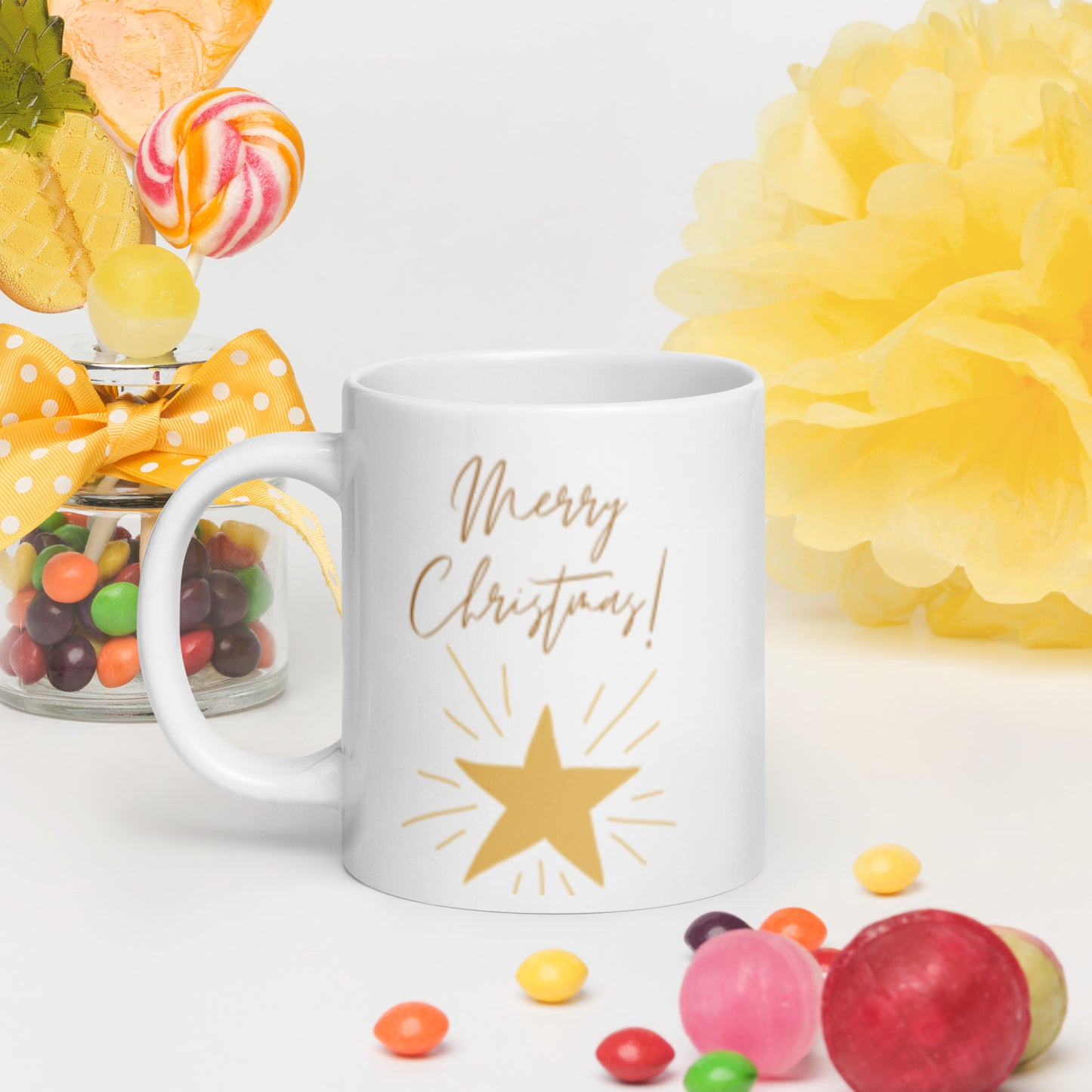 Merry Christmas Star White Glossy Mug 11oz, 15oz, 20oz, for Coffee and Tea Lovers, For Birthday, Thanksgiving and Christmas Gift Ideas
