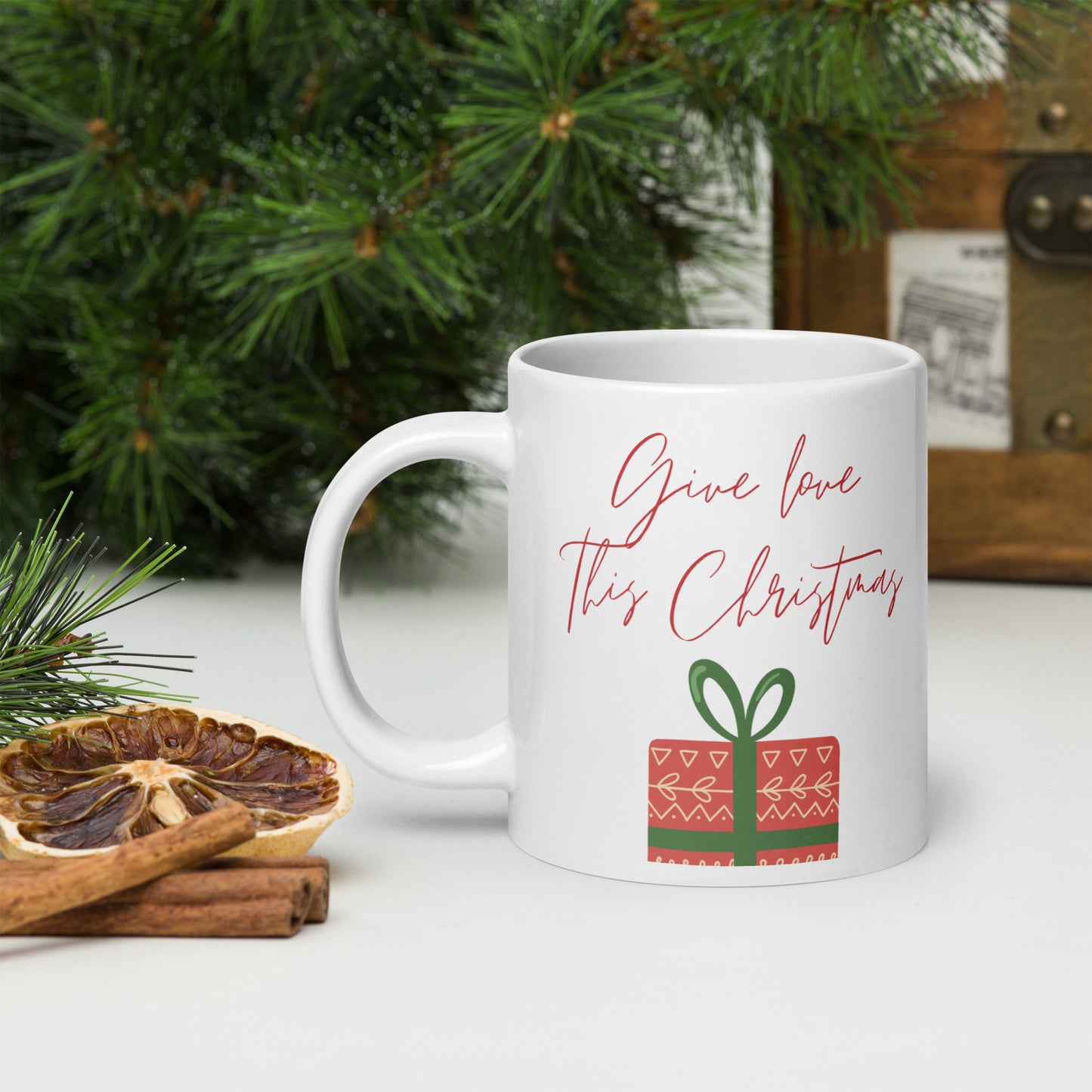 Give Love this Christmas White Glossy Mug 11oz, 15oz, 20oz, for Coffee and Tea Lovers, For Birthday, Thanksgiving and Christmas Gift Ideas