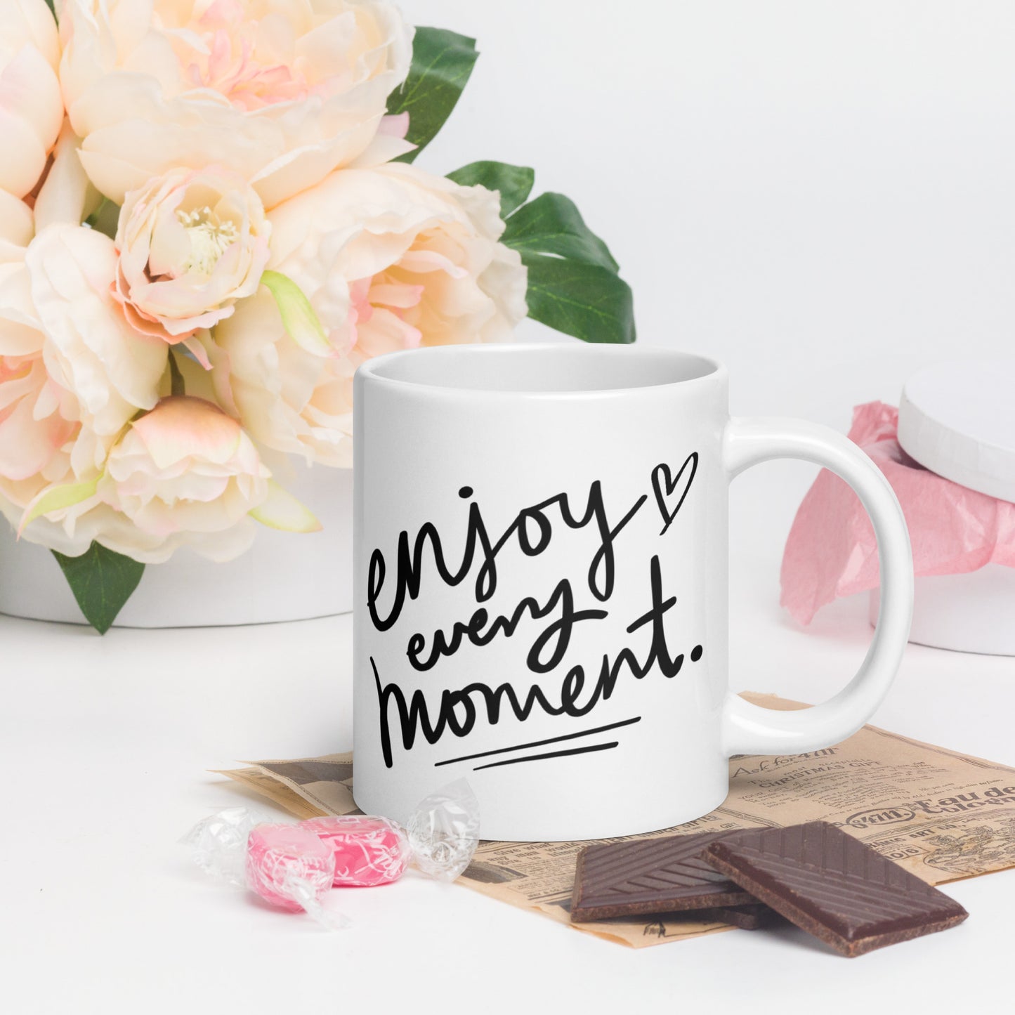Enjoy Every Moment, 11oz, 15oz, 20oz White Glossy Mug, Perfect for Coffee and Tea Lovers, For Birthday, Thanksgiving and Christmas Gift