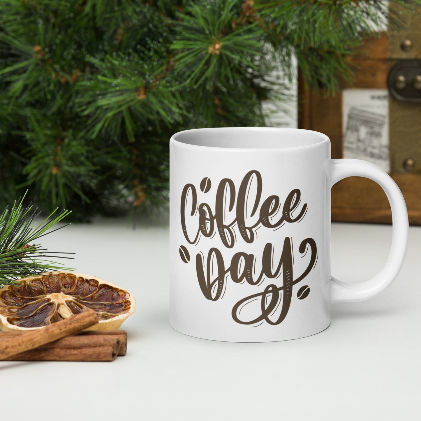 Coffee Day White glossy mug, 11oz, 15oz, 20oz, Perfect for Coffee and Tea Lovers, For Birthday, Thanksgiving and Christmas Gift Idea
