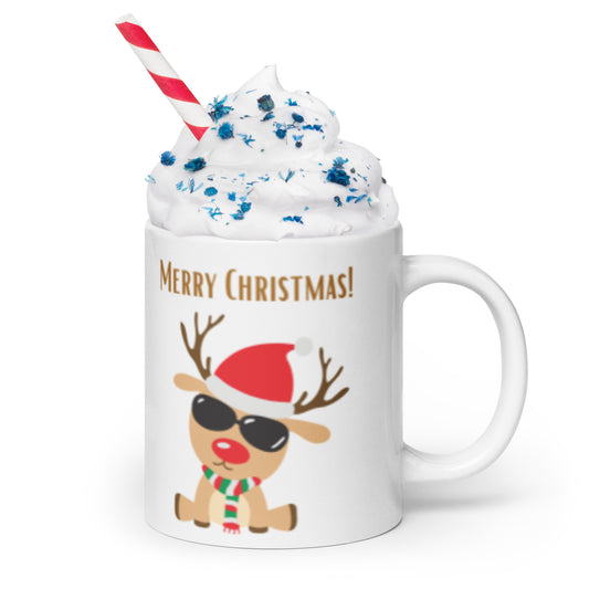 Merry Christmas Deer with Shades White Glossy Mug 11oz, 15oz, 20oz, for Coffee and Tea Lovers, For Birthday, Thanksgiving and Christmas Gift Ideas
