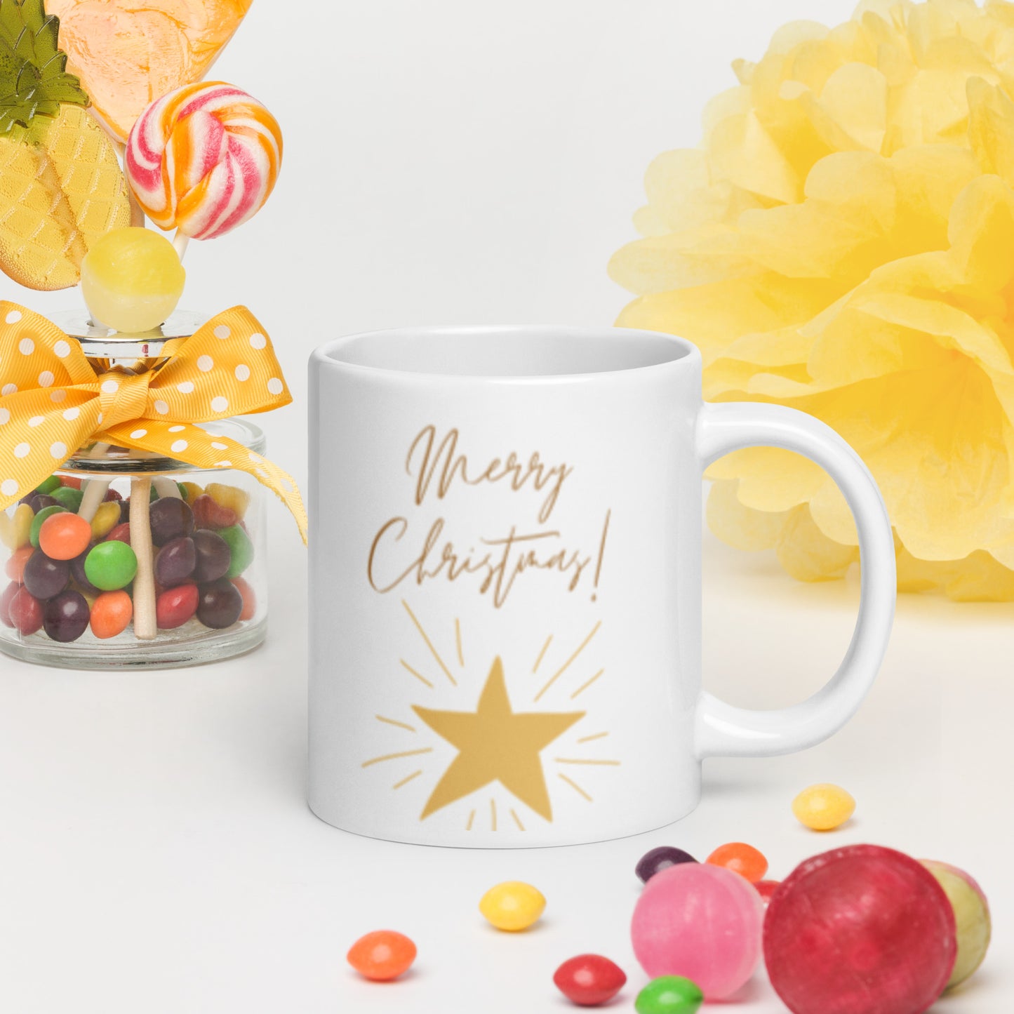 Merry Christmas Star White Glossy Mug 11oz, 15oz, 20oz, for Coffee and Tea Lovers, For Birthday, Thanksgiving and Christmas Gift Ideas