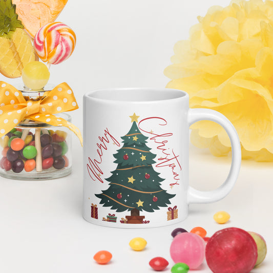 Merry Christmas Tree White Glossy Mug 11oz, 15oz, 20oz, for Coffee and Tea Lovers, For Birthday, Thanksgiving and Christmas Gift Ideas