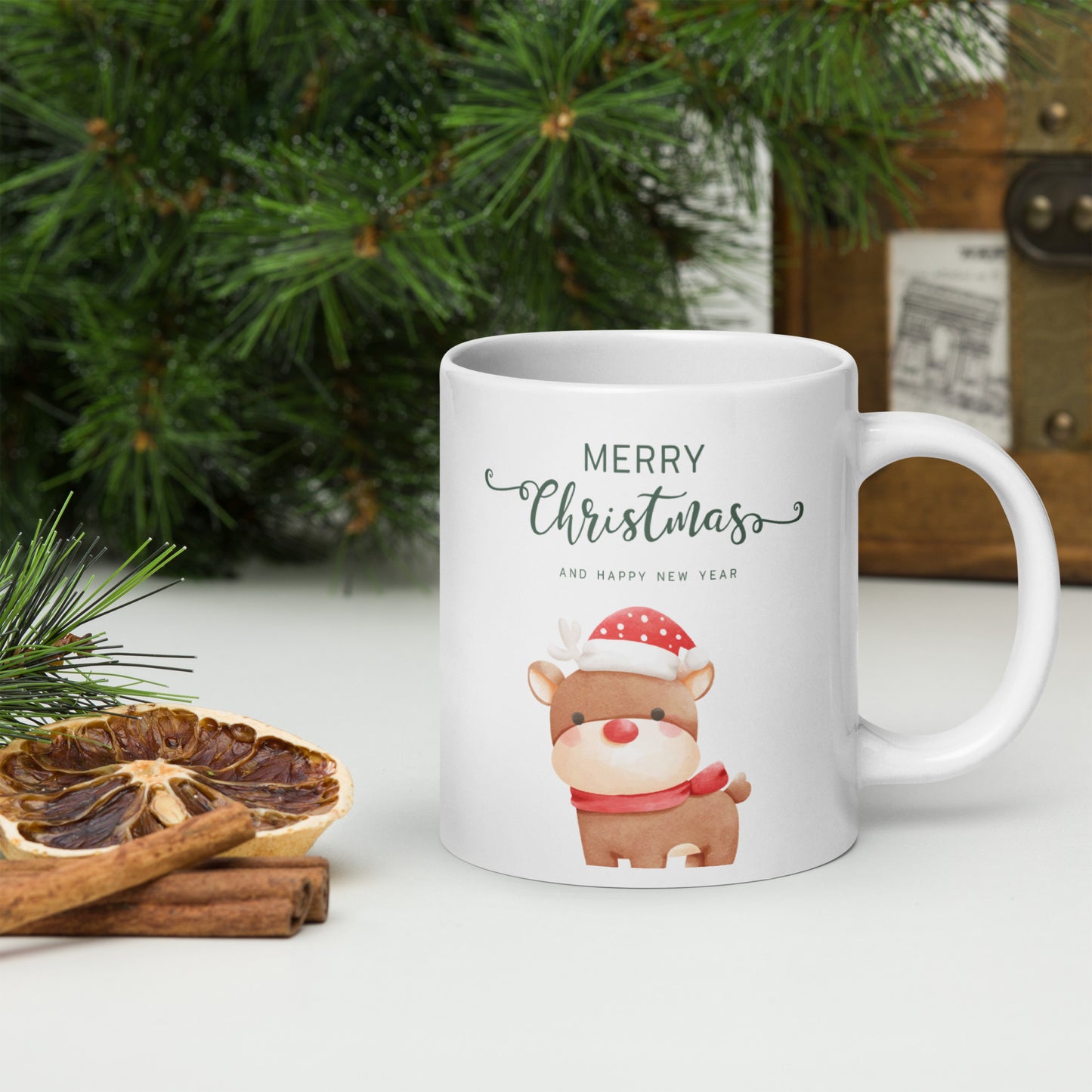Merry Christmas Deer White Glossy Mug 11oz, 15oz, 20oz, for Coffee and Tea Lovers, For Birthday, Thanksgiving and Christmas Gift Ideas