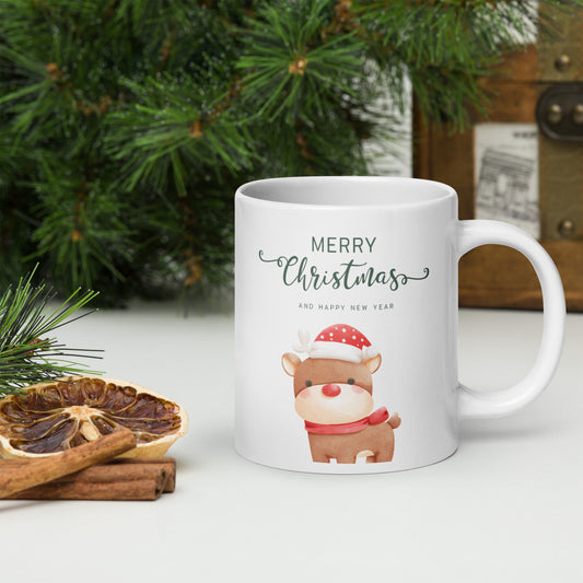 Merry Christmas Deer White Glossy Mug 11oz, 15oz, 20oz, for Coffee and Tea Lovers, For Birthday, Thanksgiving and Christmas Gift Ideas