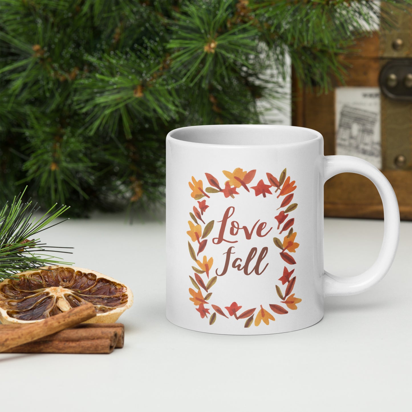 Love Fall White glossy 11oz, 15oz, 20oz mug, Perfect for Coffee and Tea Lovers, For Birthday, Thanksgiving and Christmas Gift